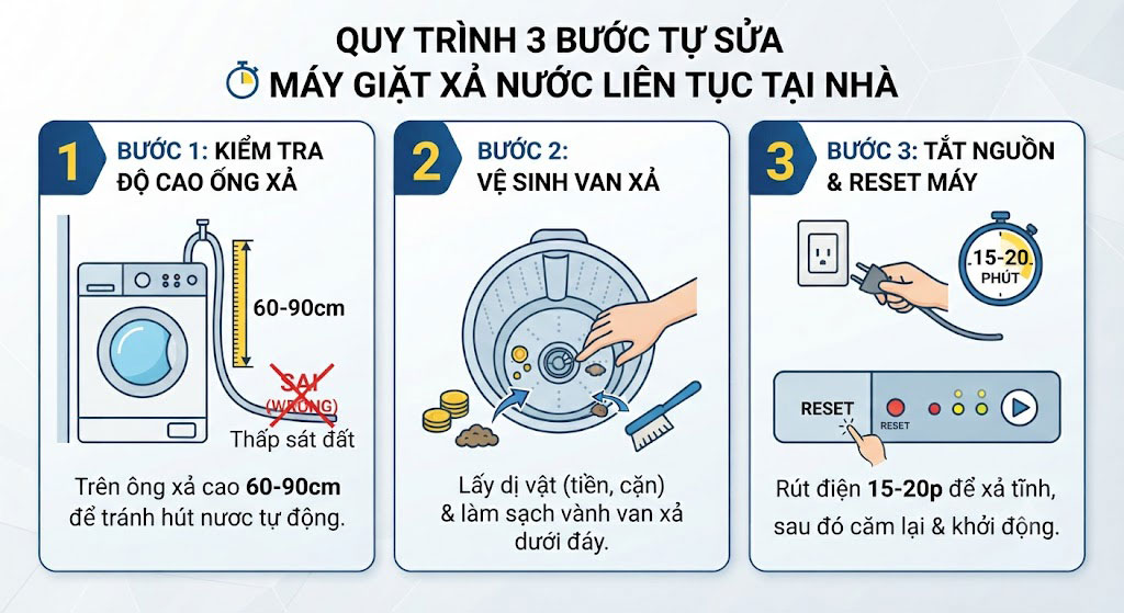 Quy trình 3 bước tự kiểm tra Máy Giặt Xả Nước Liên Tục Không Giặt và xử lý tại nhà