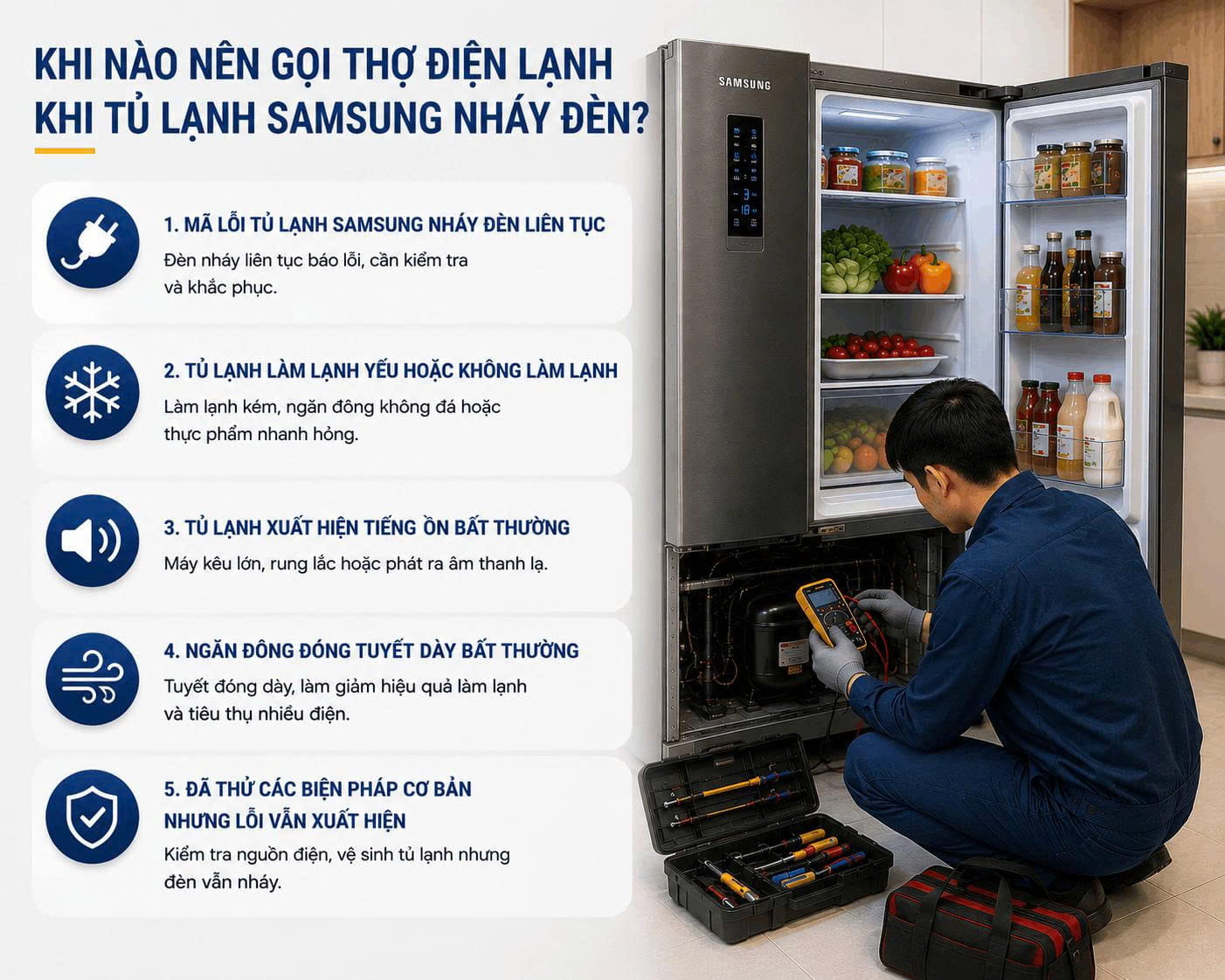 mã lỗi tủ lạnh Samsung nháy đèn
