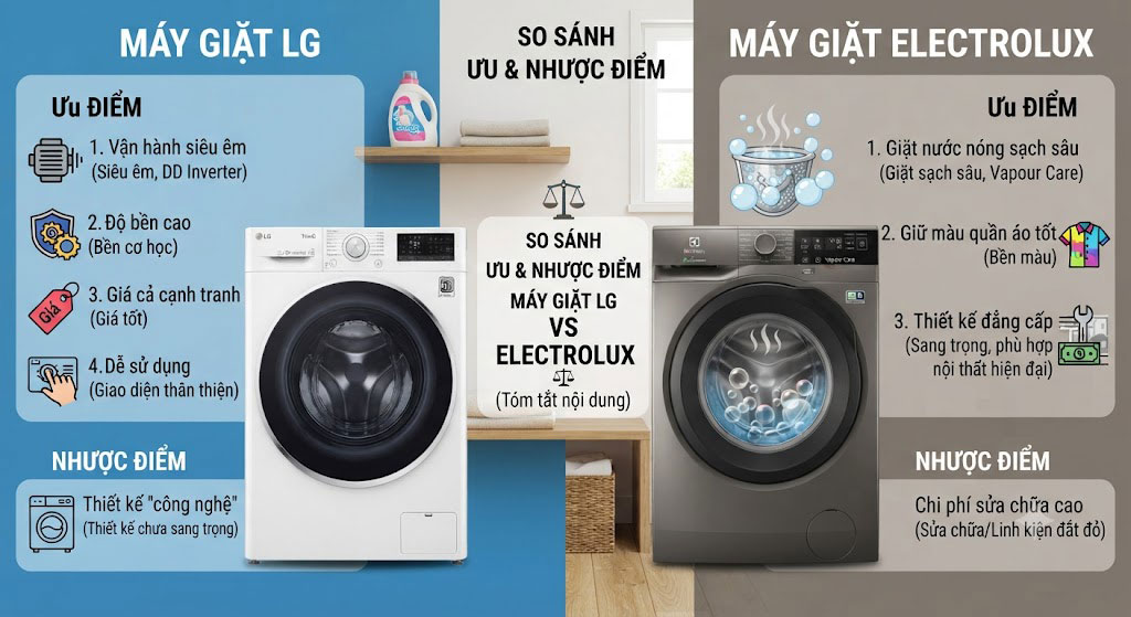 Ưu và nhược điểm của Máy giặt LG vs Electrolux