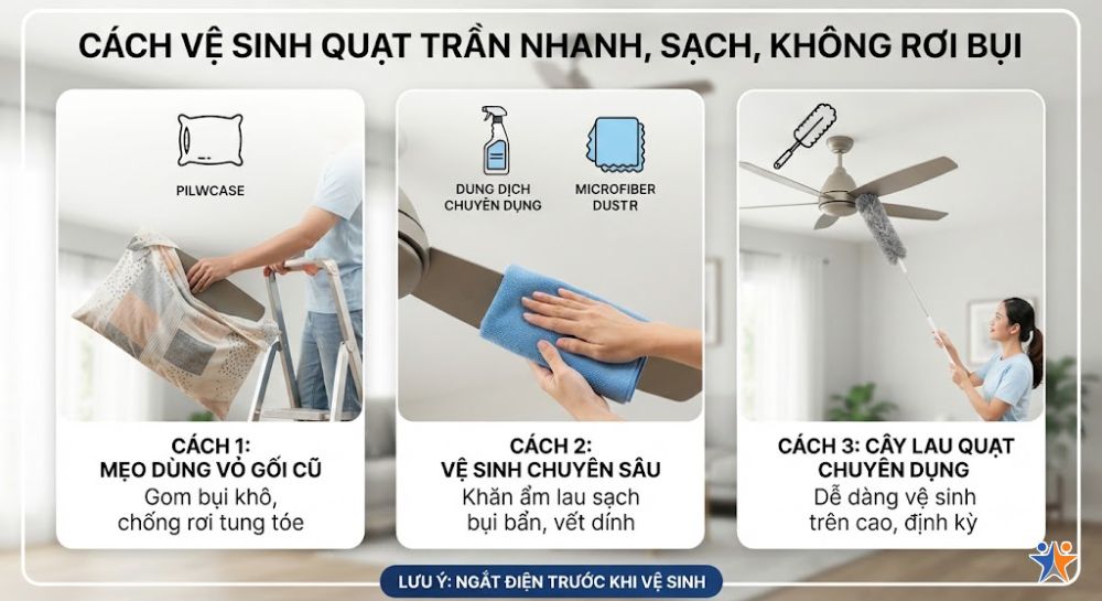 Chi tiết 3 cách vệ sinh quạt trần nhanh, sạch, không rơi bụi