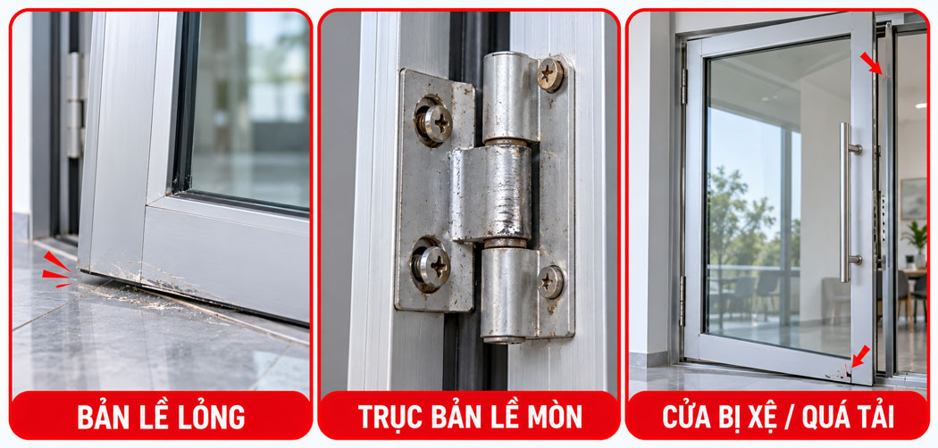 Cánh cửa bị xệ do bản lề lỏng hoặc quá tải