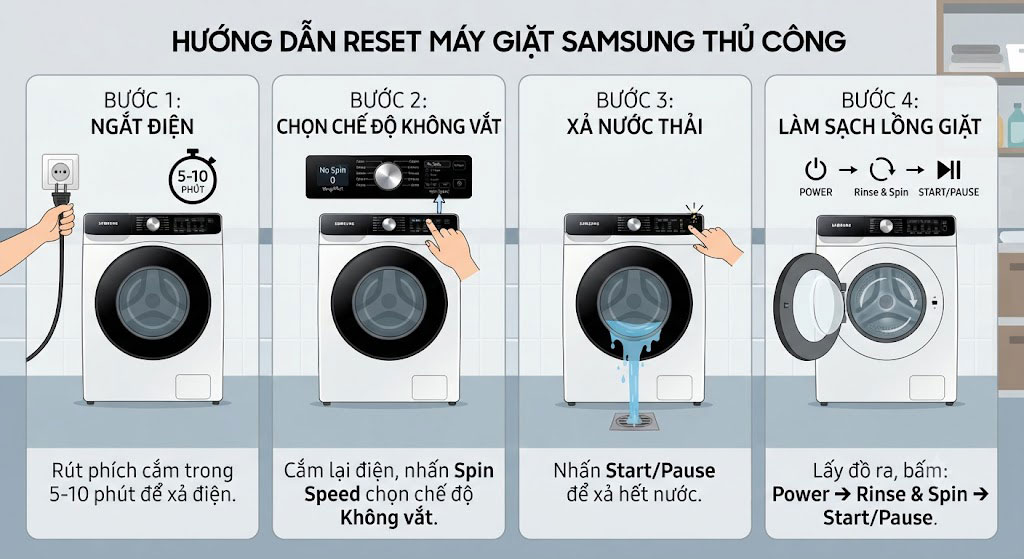 Hướng dẫn các bước reset máy giặt Samsung tại nhà