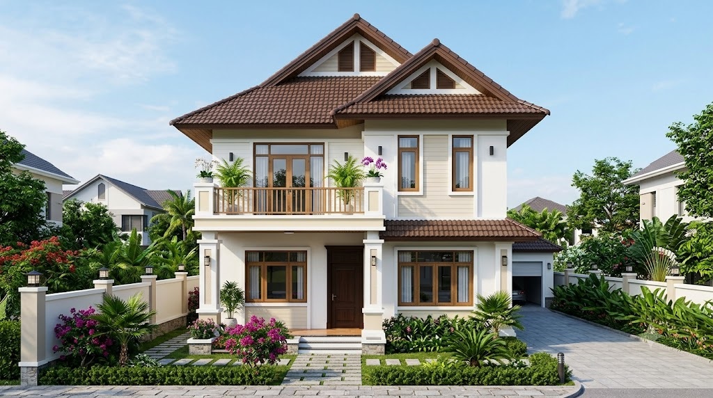 Mẫu nhà 1 trệt 1 lầu mái Thái thanh lịch