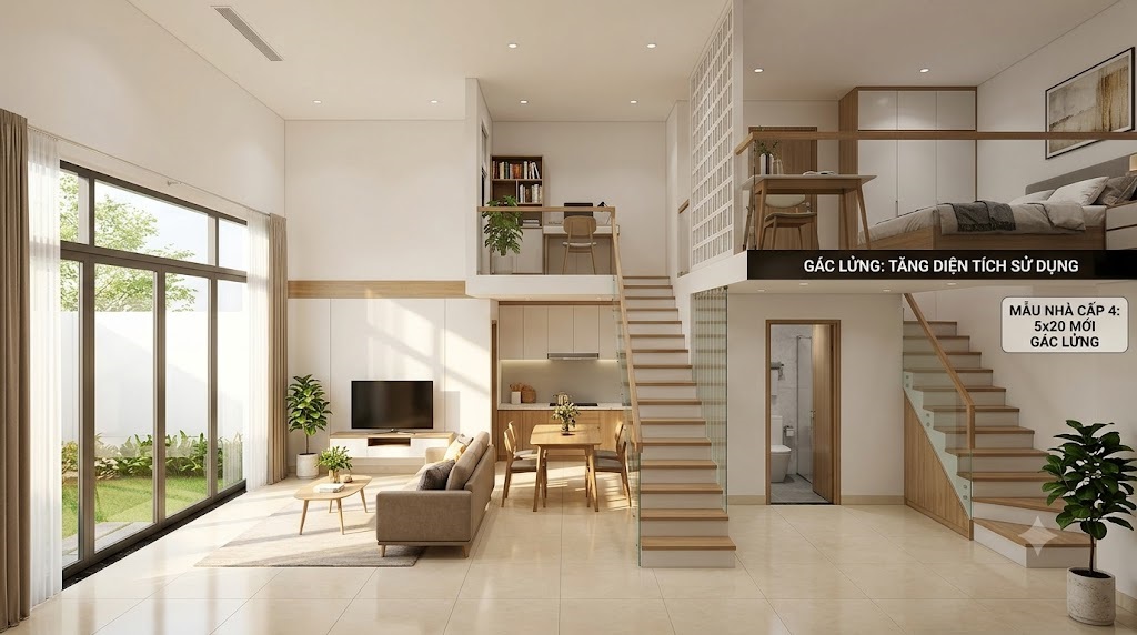 Mẫu nhà cấp 4 5x20 có gác lửng tăng diện tích sử dụng