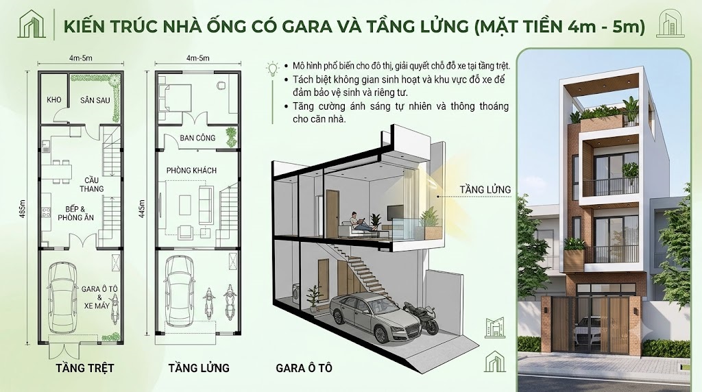 Mẫu nhà ống / nhà phố có gara ô tô mặt tiền 4m - 5m