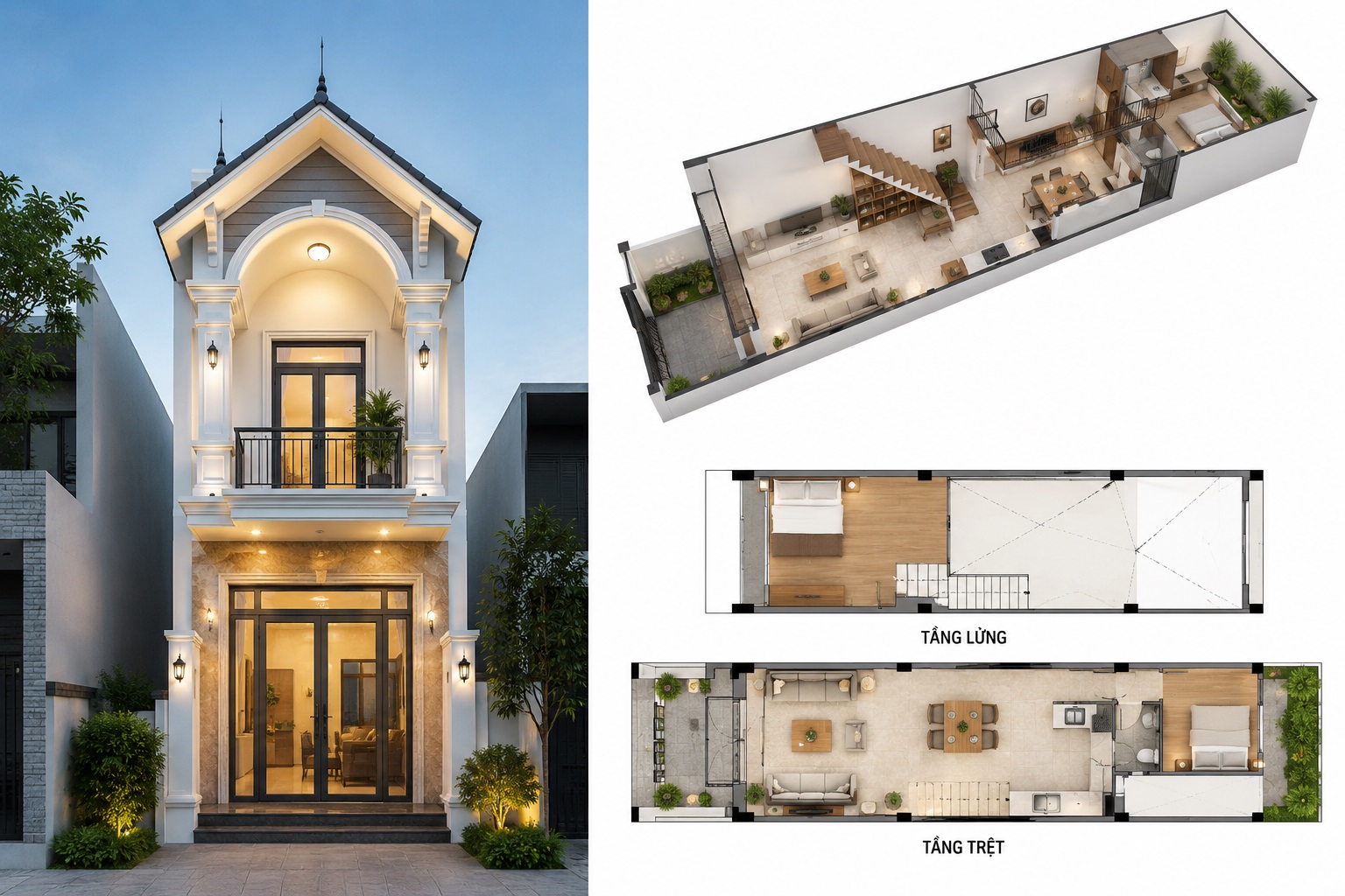 Mẫu nhà gác lửng 4x20 mái Thái sang trọng