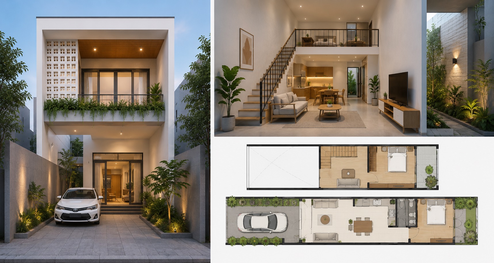 Mẫu nhà gác lửng 4x20m có sân vườn/gara ô tô