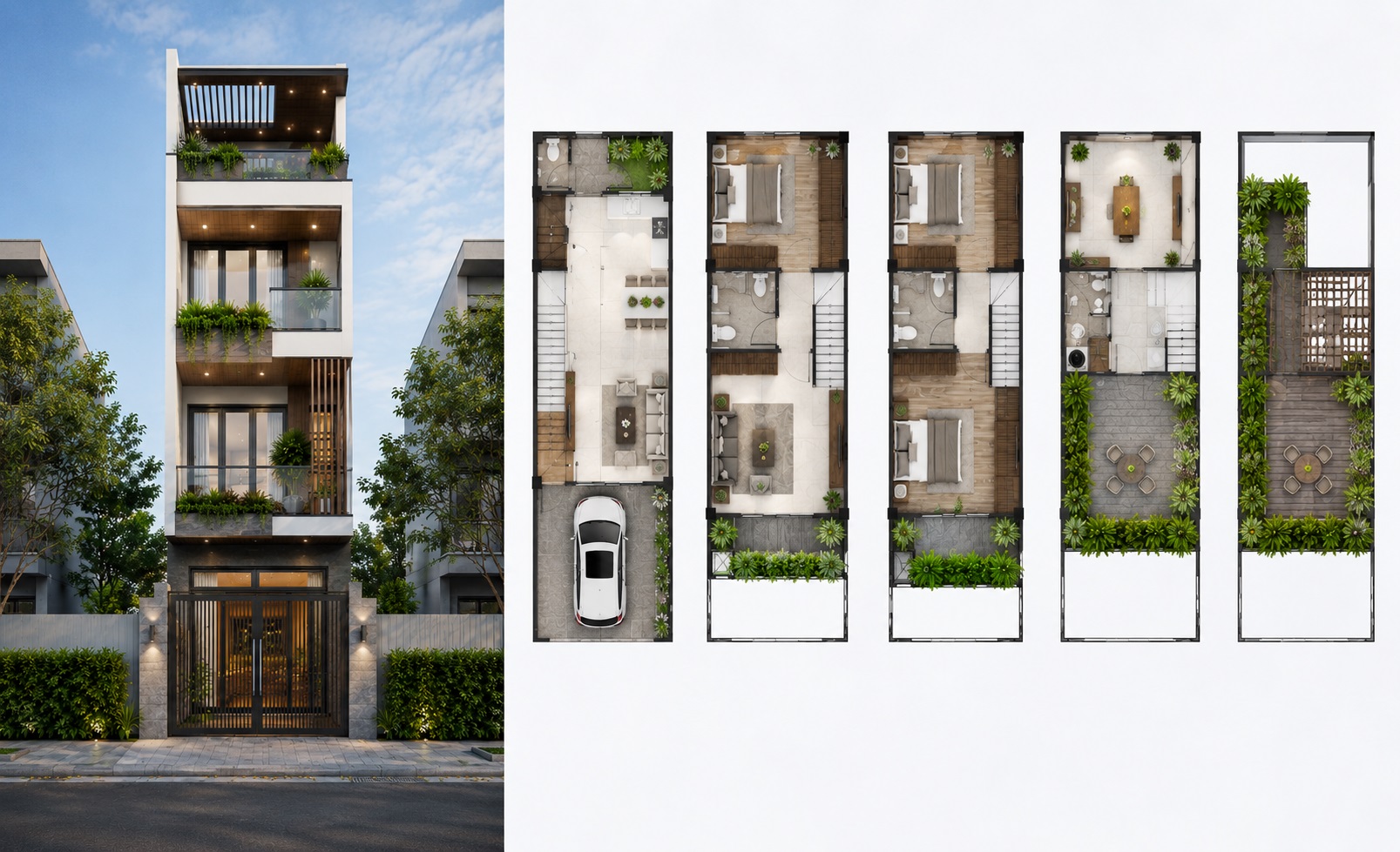 Mẫu nhà 3 tầng 4x15m có gác tum & sân thượng