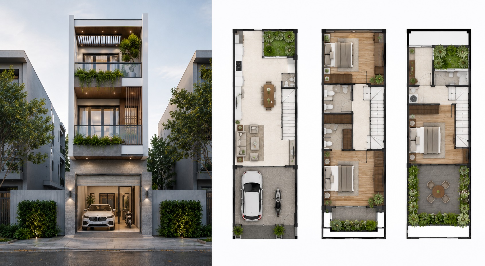 Mẫu nhà 3 tầng 4x15m tích hợp gara ô tô tầng 1