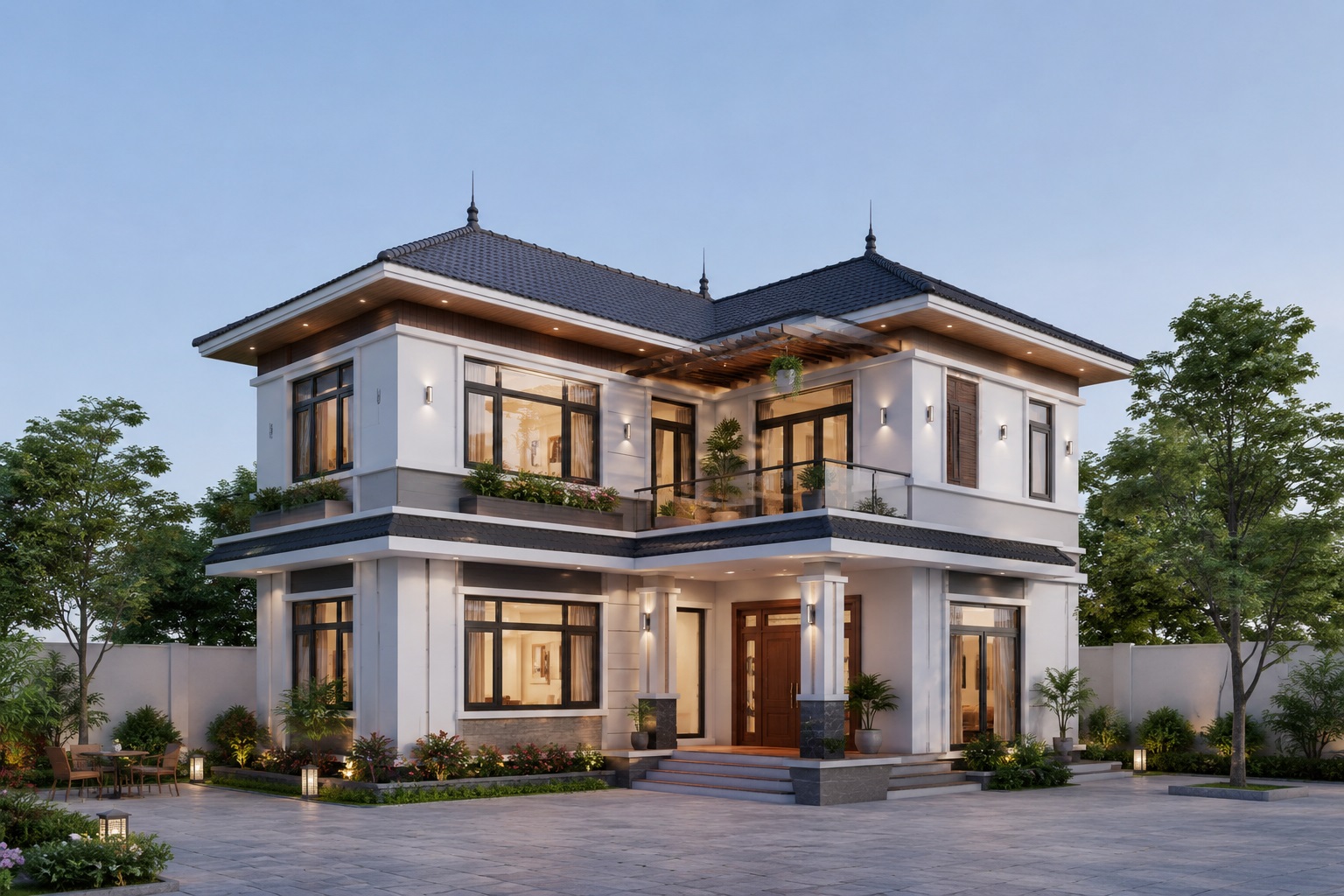 Mẫu nhà chữ L 2 tầng 80m2 mái Nhật hiện đại, thanh lịch