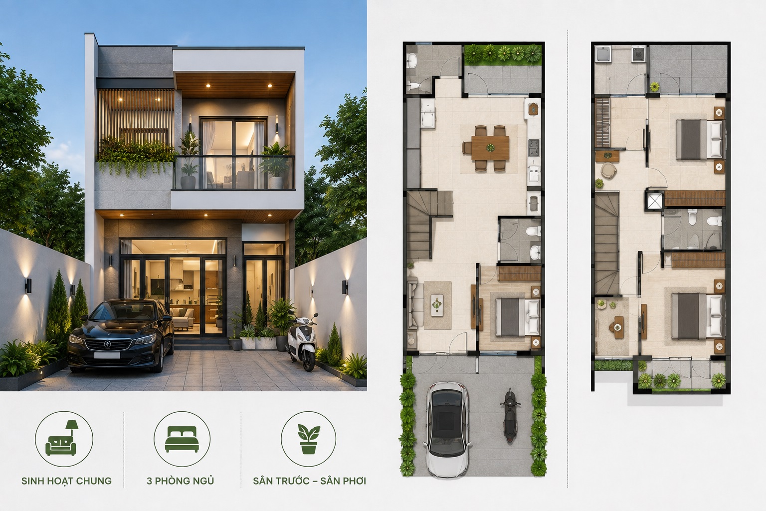 Mẫu nhà 2 tầng 6x20 3 phòng ngủ hiện đại, tối ưu diện tích