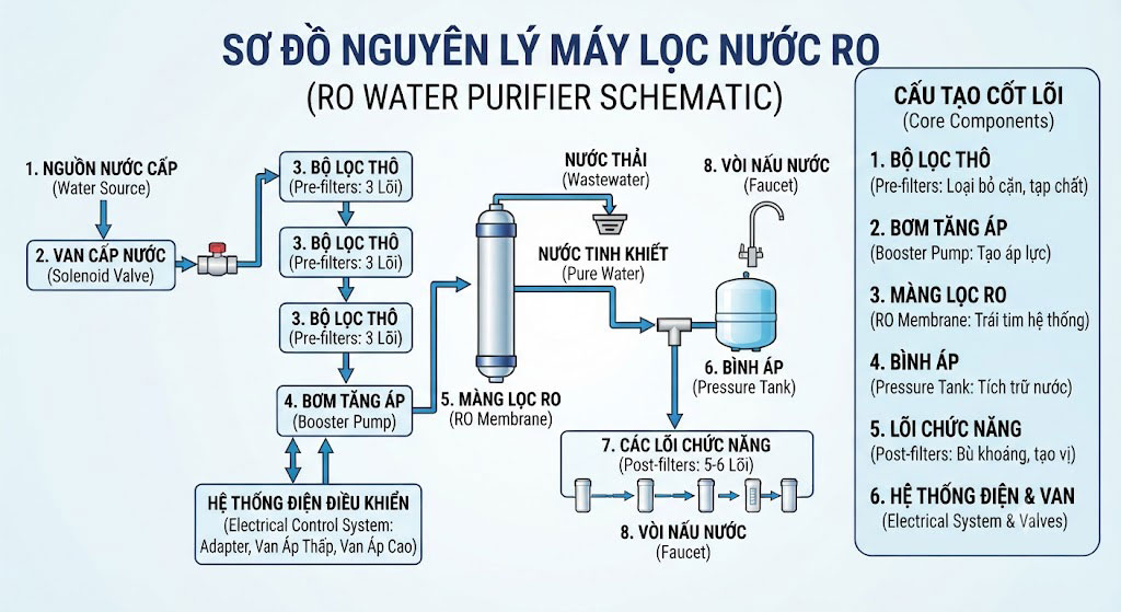 Khám phá chi tiết cấu tạo phần cơ từ hệ thống lõi lọc thô, màng RO siêu lọc đến các lõi chức năng bổ sung khoáng chất giúp bạn hiểu trọn vẹn cách một chiếc máy lọc nước hoạt động.