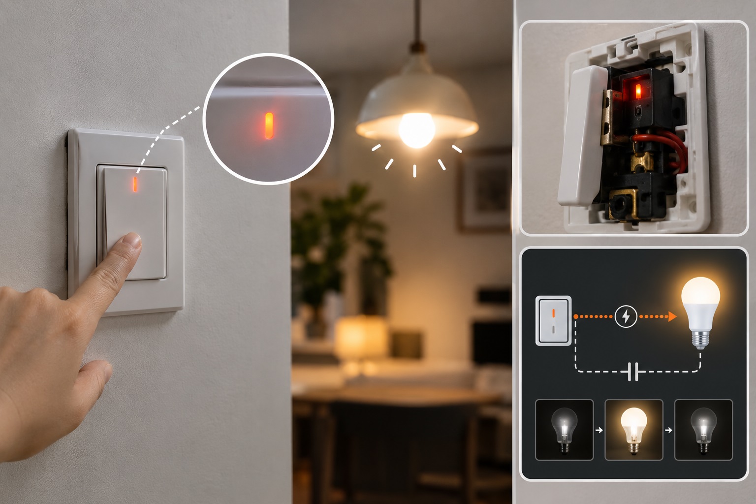 Sử dụng công tắc đèn có đèn báo đêm (Đèn LED)