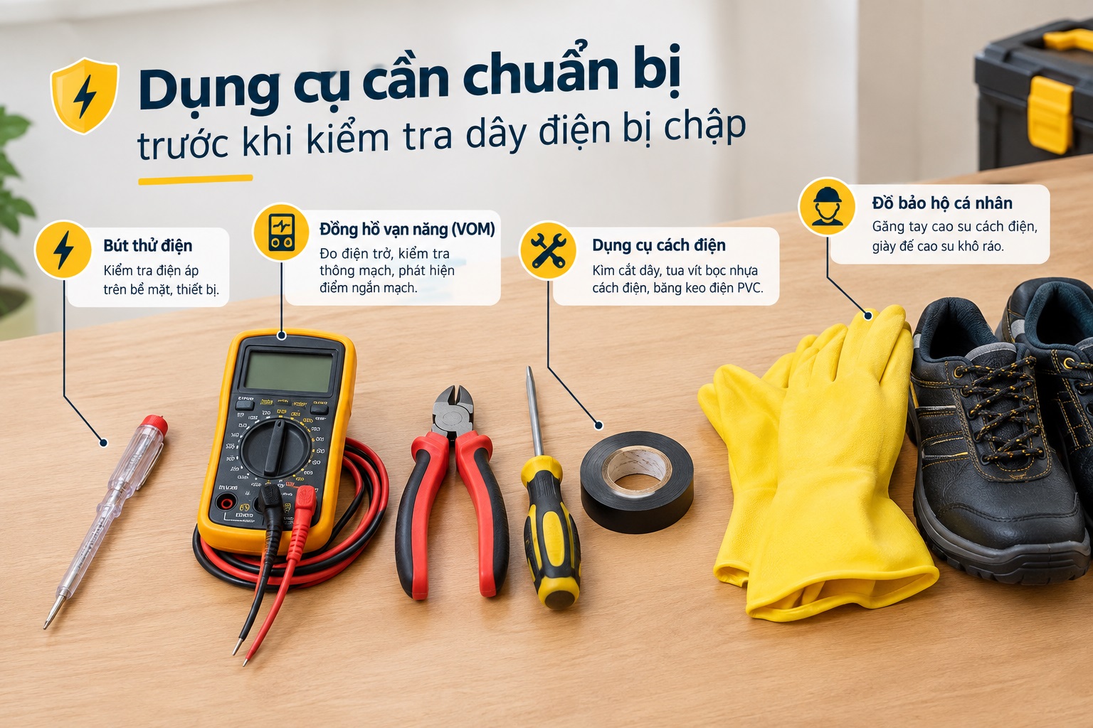 Dụng cụ cần chuẩn bị trước khi thực hiện cách kiểm tra dây điện bị chập