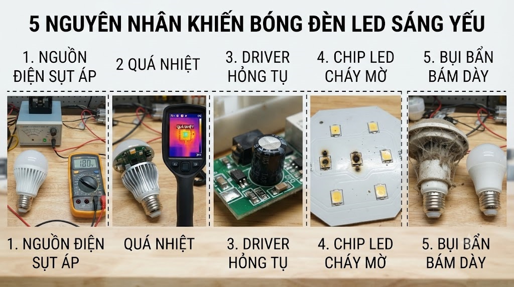 5 Nguyên Nhân Chính Khiến Bóng Đèn LED Sáng Yếu