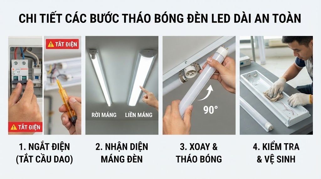 Chi Tiết Các Bước Cách Tháo Bóng Đèn LED Dài Chuẩn Kỹ Thuật
