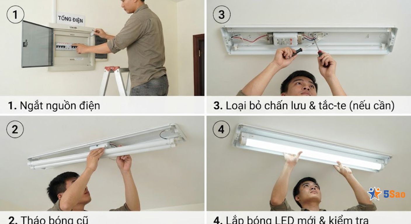 Cách thay bóng đèn tuýp LED (1m2) đơn giản tại nhà