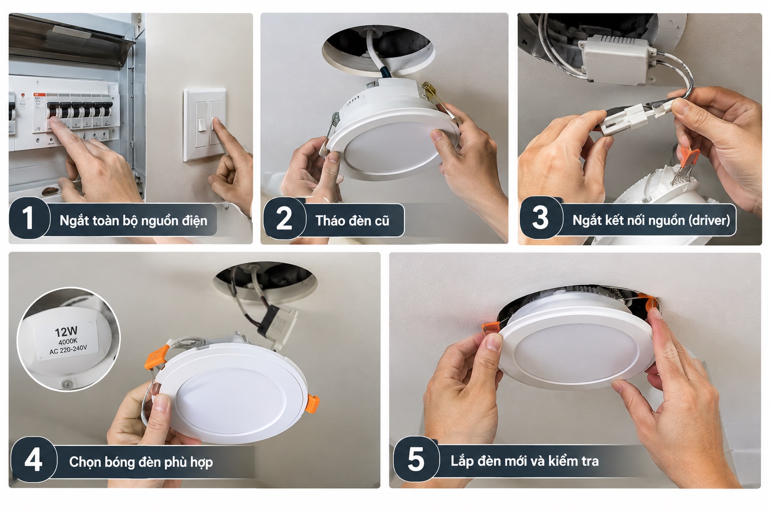Quy trình 5 bước cách thay bóng đèn âm trần tại nhà chuẩn kỹ thuật