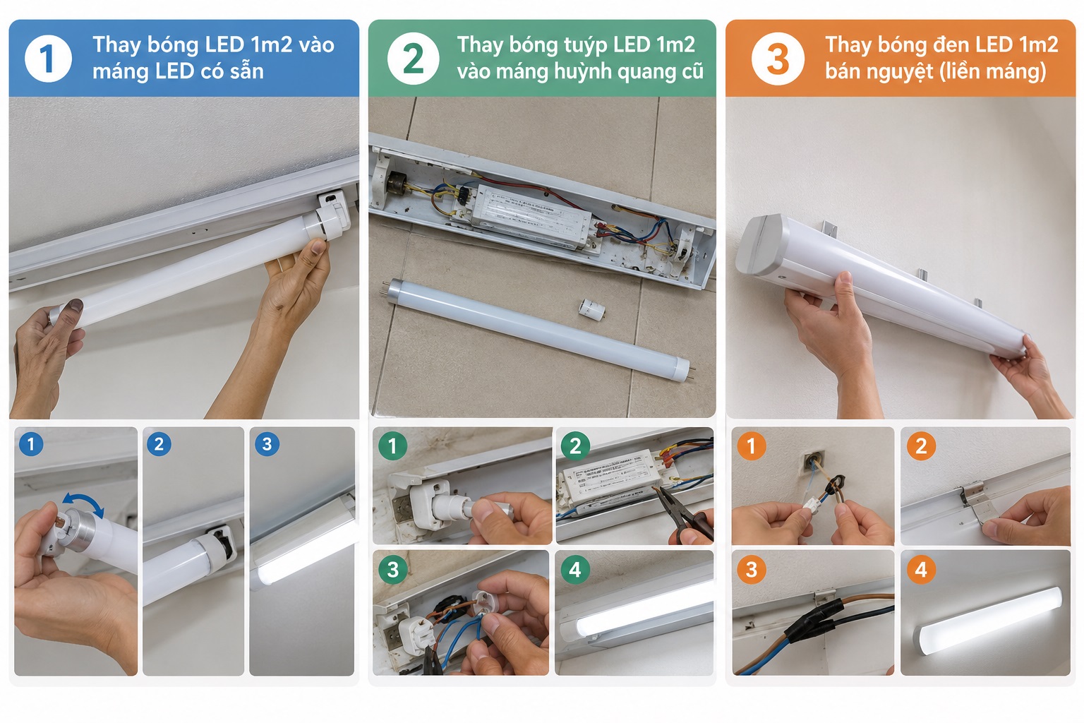 Hướng dẫn cách thay bóng đèn LED 1m2 từng trường hợp