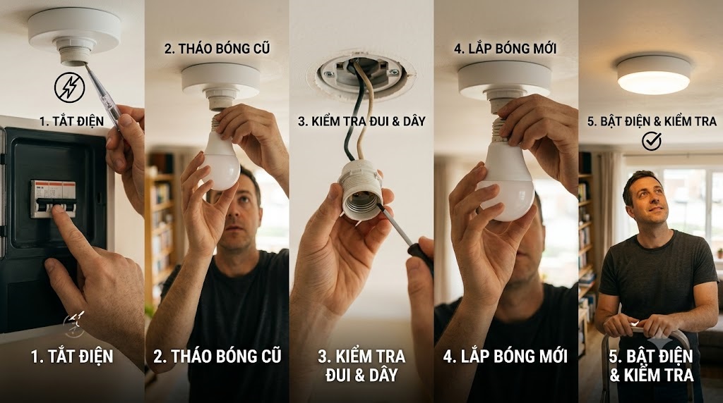 Hướng dẫn cách thay bóng đèn LED tròn chi tiết từng bước