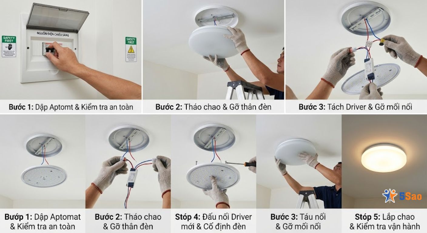 Quy trình 5 bước cách thay bóng đèn tròn ốp trần nổi an toàn tại nhà