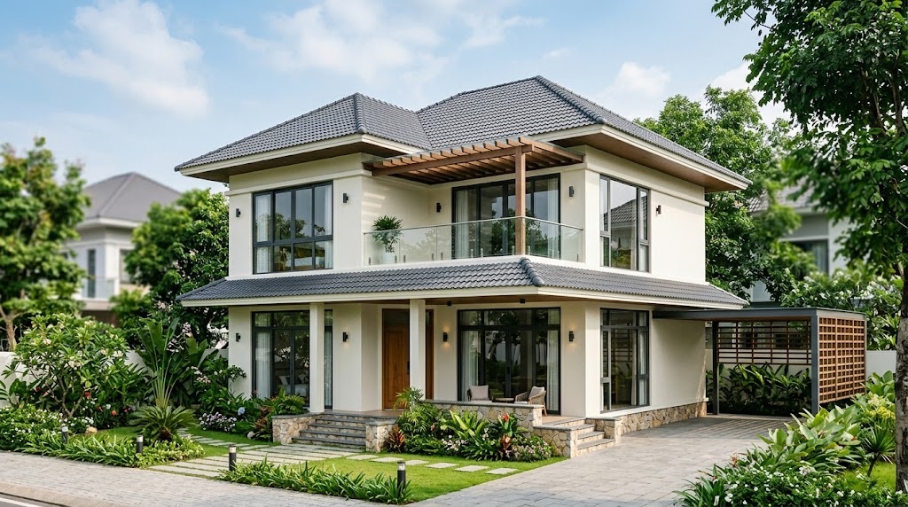 Nhà vuông 2 tầng 80m2 mái Nhật hiện đại
