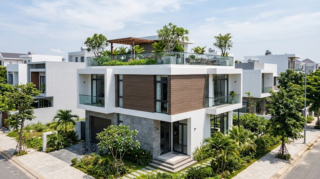 Nhà vuông 2 tầng 80m2 mái bằng trẻ trung, tối giản