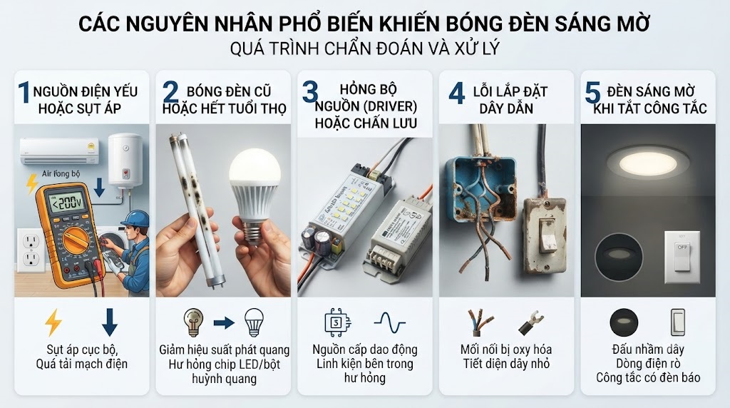 Các nguyên nhân phổ biến khiến bóng đèn sáng mờ
