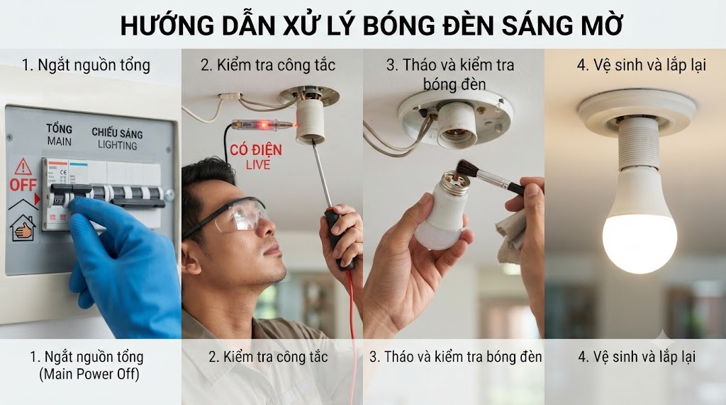 Hướng dẫn cách kiểm tra và khắc phục nguyên nhân bóng đèn sáng mờ tại nhà