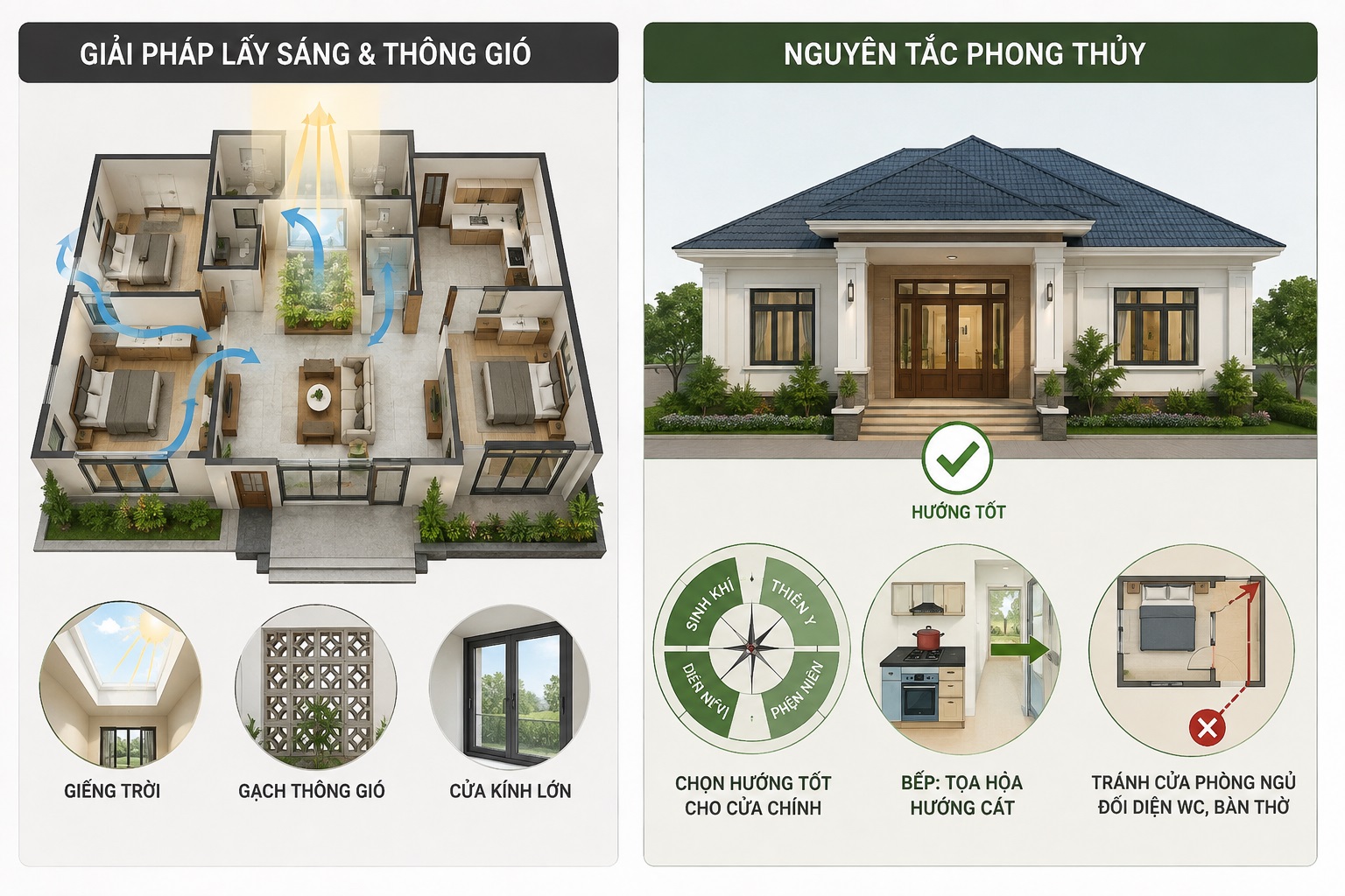 Kinh nghiệm thi công & phong thủy nhà 1 tầng 3 phòng ngủ 100m2