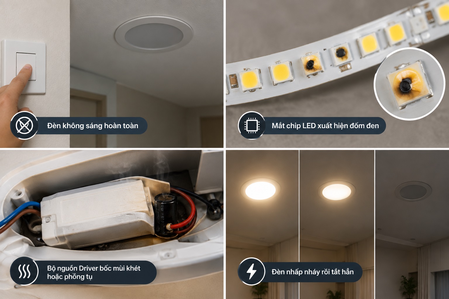 Dấu hiệu nhận biết bóng đèn LED đã bị cháy hoặc hỏng linh kiện
