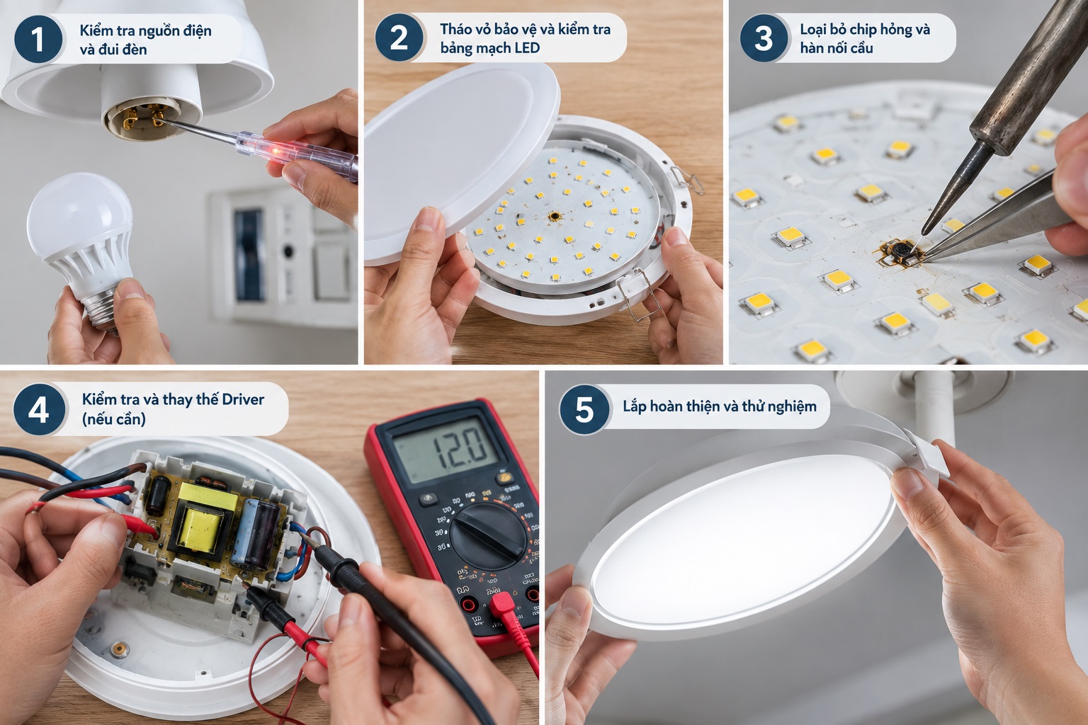 Quy trình 5 bước sửa bóng đèn LED không sáng chi tiết