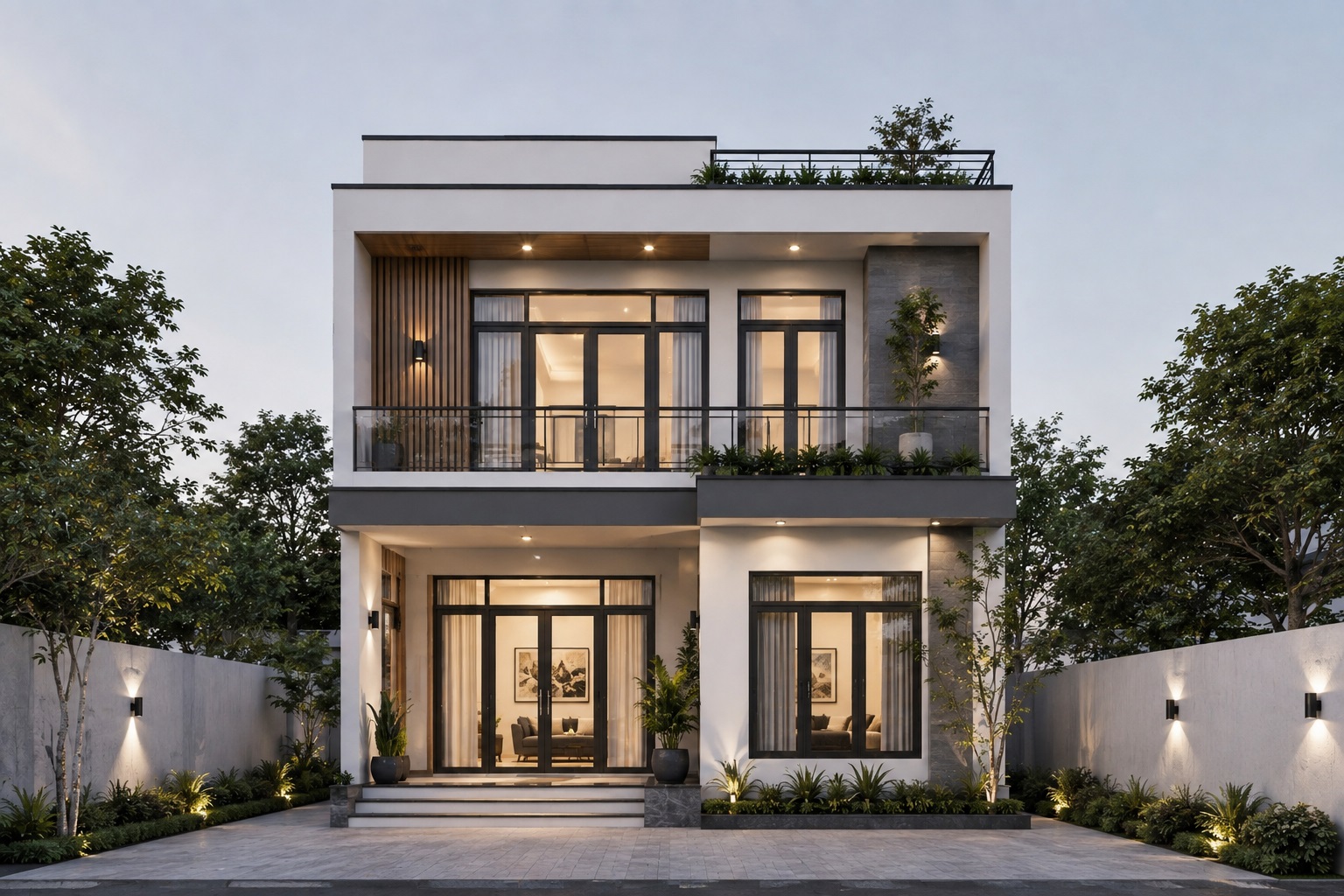 Mẫu nhà 2 tầng 80m2 mái bằng tối giản