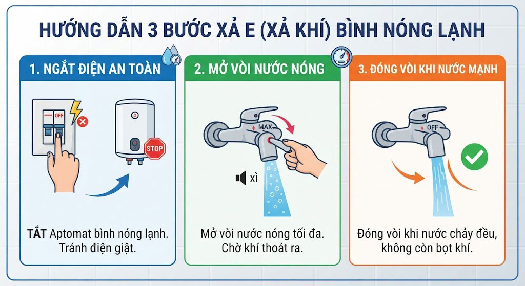 Hướng dẫn 3 bước xả e (xả khí) bình nóng lạnh tại nhà cực kỳ đơn giản
