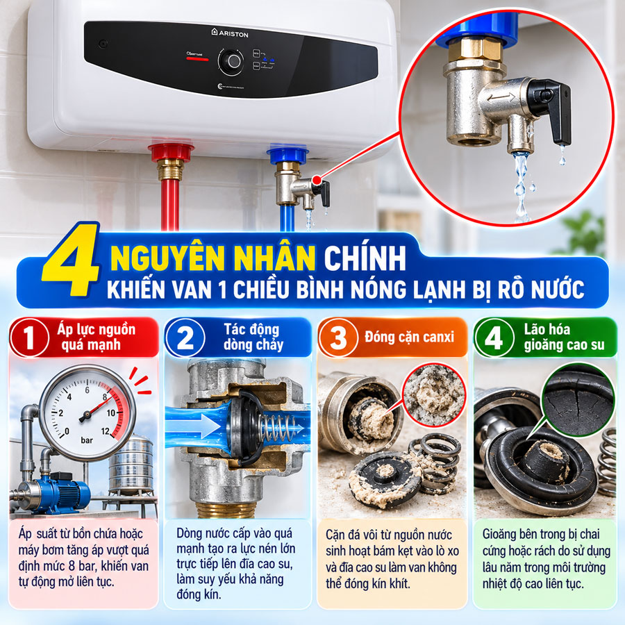 4 Nguyên nhân chính khiến bình nóng lạnh bị rò nước ở van 1 chiều