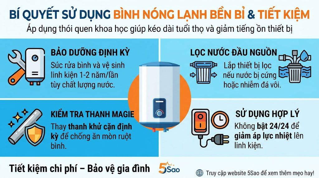 Bí quyết sử dụng bình nóng lạnh bền bỉ, hạn chế tiếng ồn và tiết kiệm điện