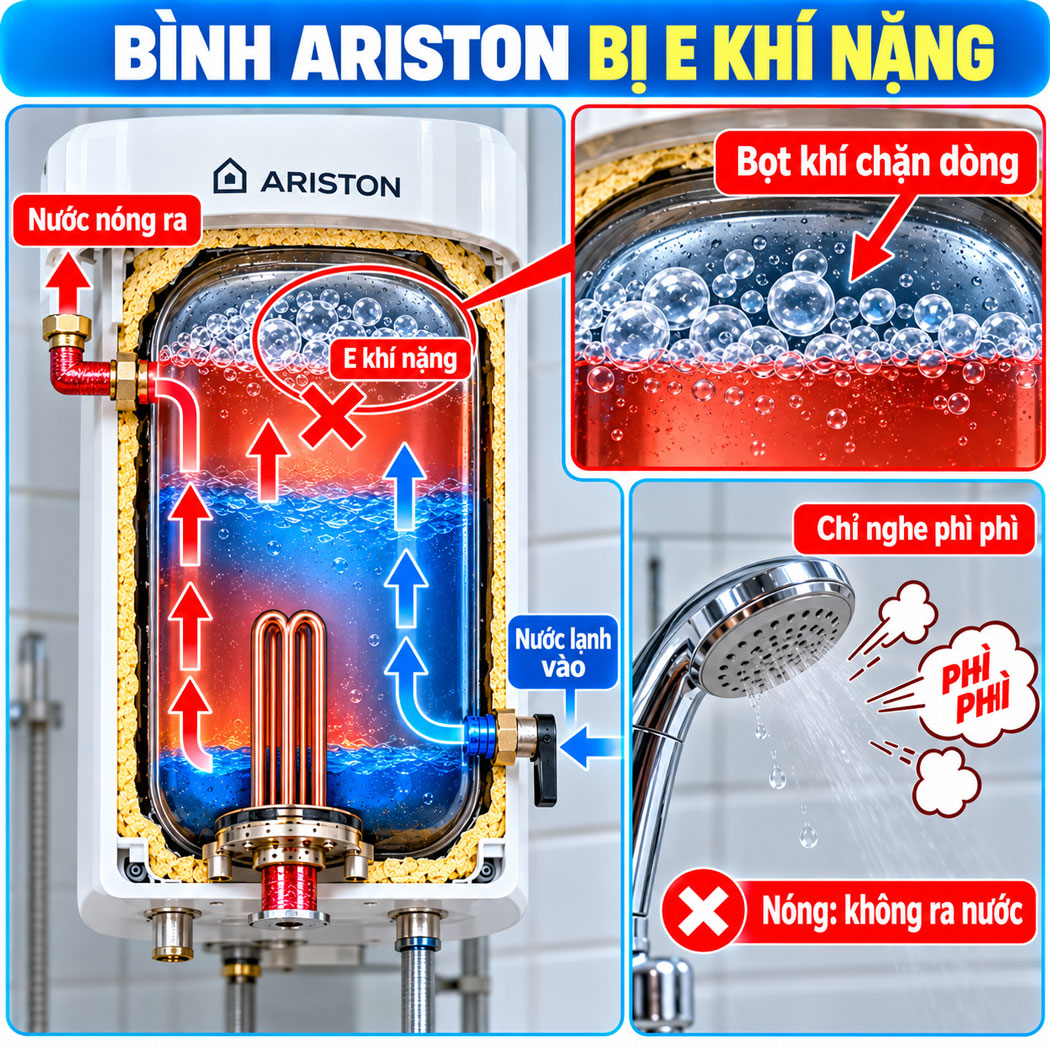 Bình bị hiện tượng "e khí" nặng (Air-lock chặn dòng nước)