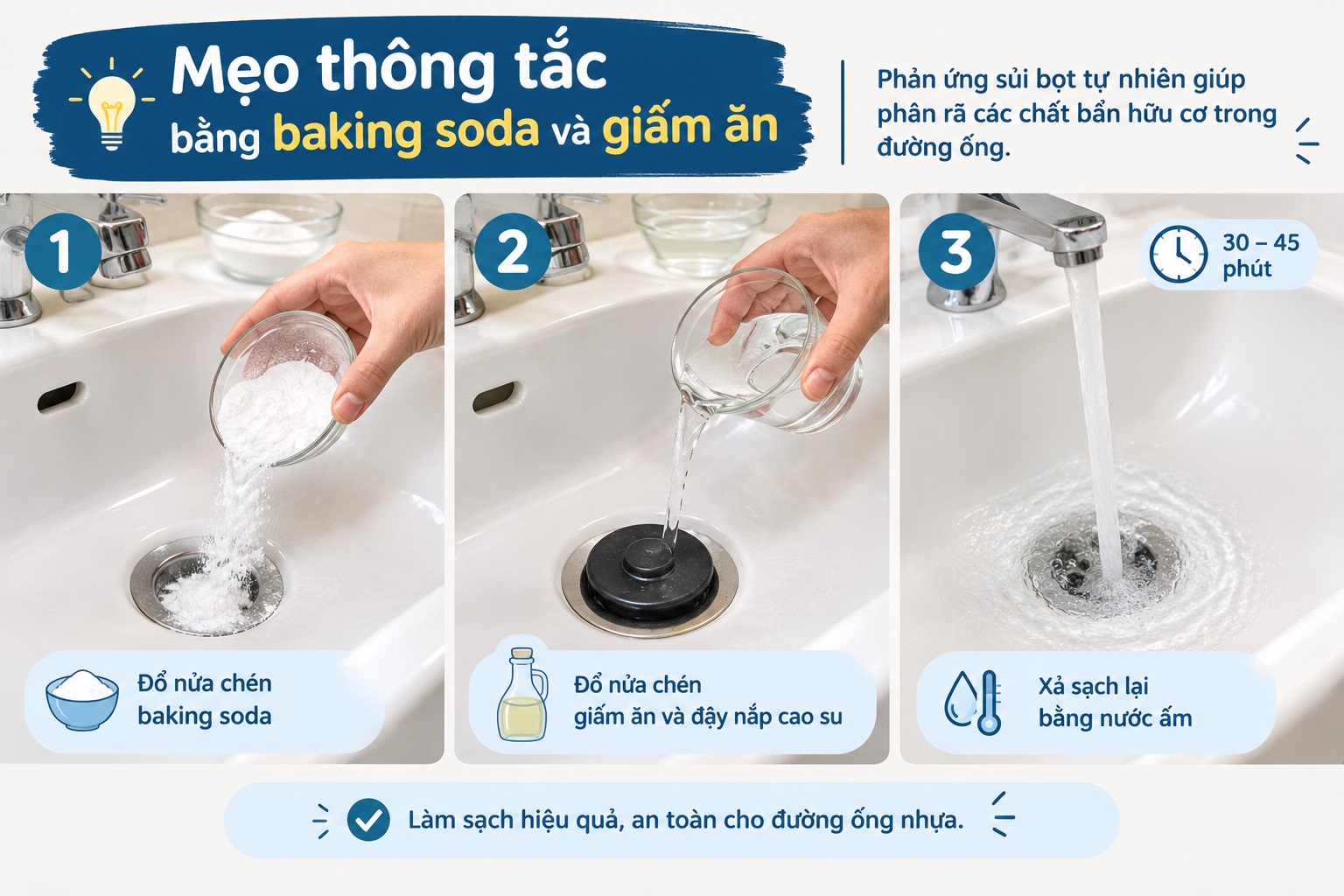 Mẹo thông tắc bằng baking soda và giấm ăn