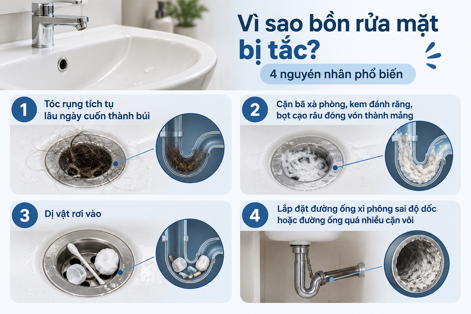 Vì sao bồn rửa mặt bị tắc? (4 nguyên nhân phổ biến)