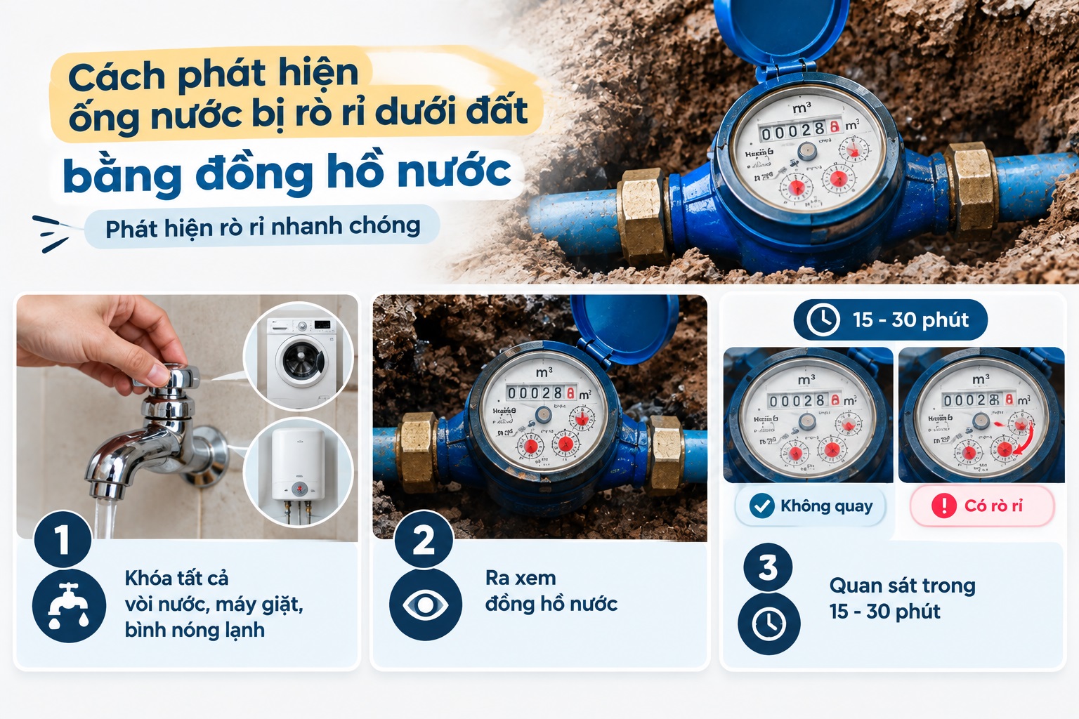 Cách phát hiện ống nước bị rò rỉ dưới đất bằng đồng hồ nước để phát hiện rò rỉ nhanh chóng