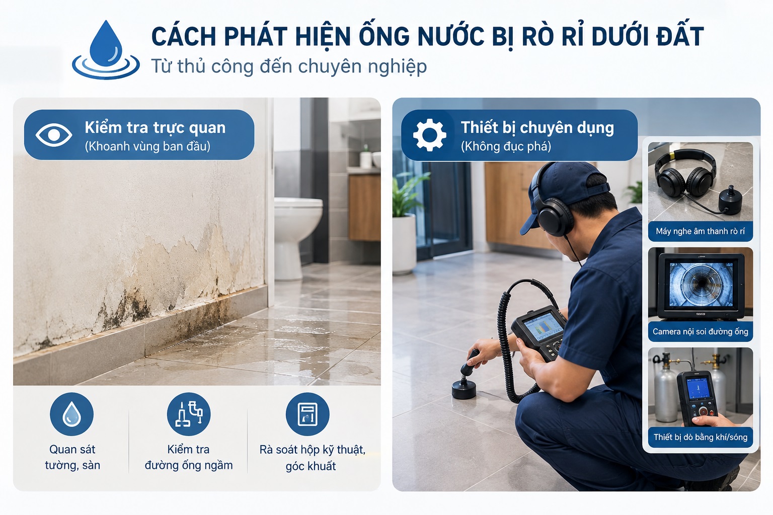 Tổng hợp các cách phát hiện ống nước bị rò rỉ dưới đất tại nhà (Từ thủ công đến chuyên nghiệp)
