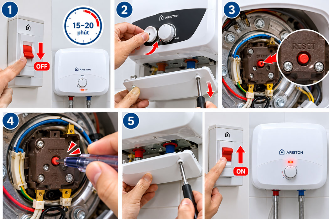 Cách 2: Cách reset bình nóng lạnh Ariston gián tiếp (Reset chốt Rơ-le nhiệt)