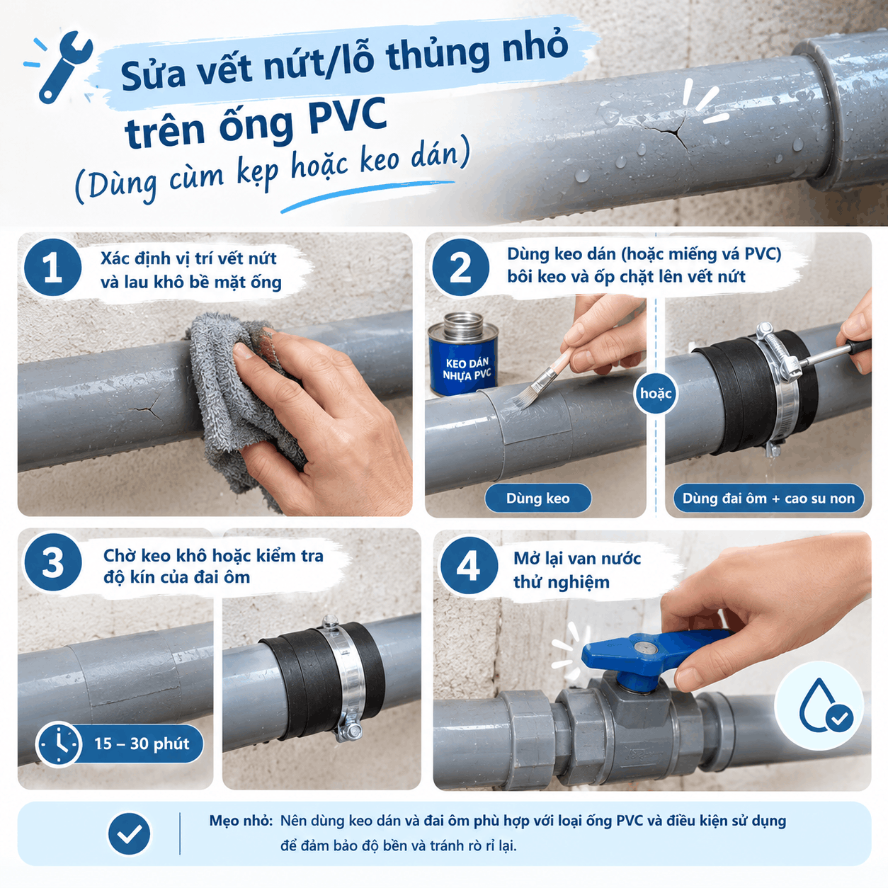 Sửa vết nứt/lỗ thủng nhỏ trên ống PVC