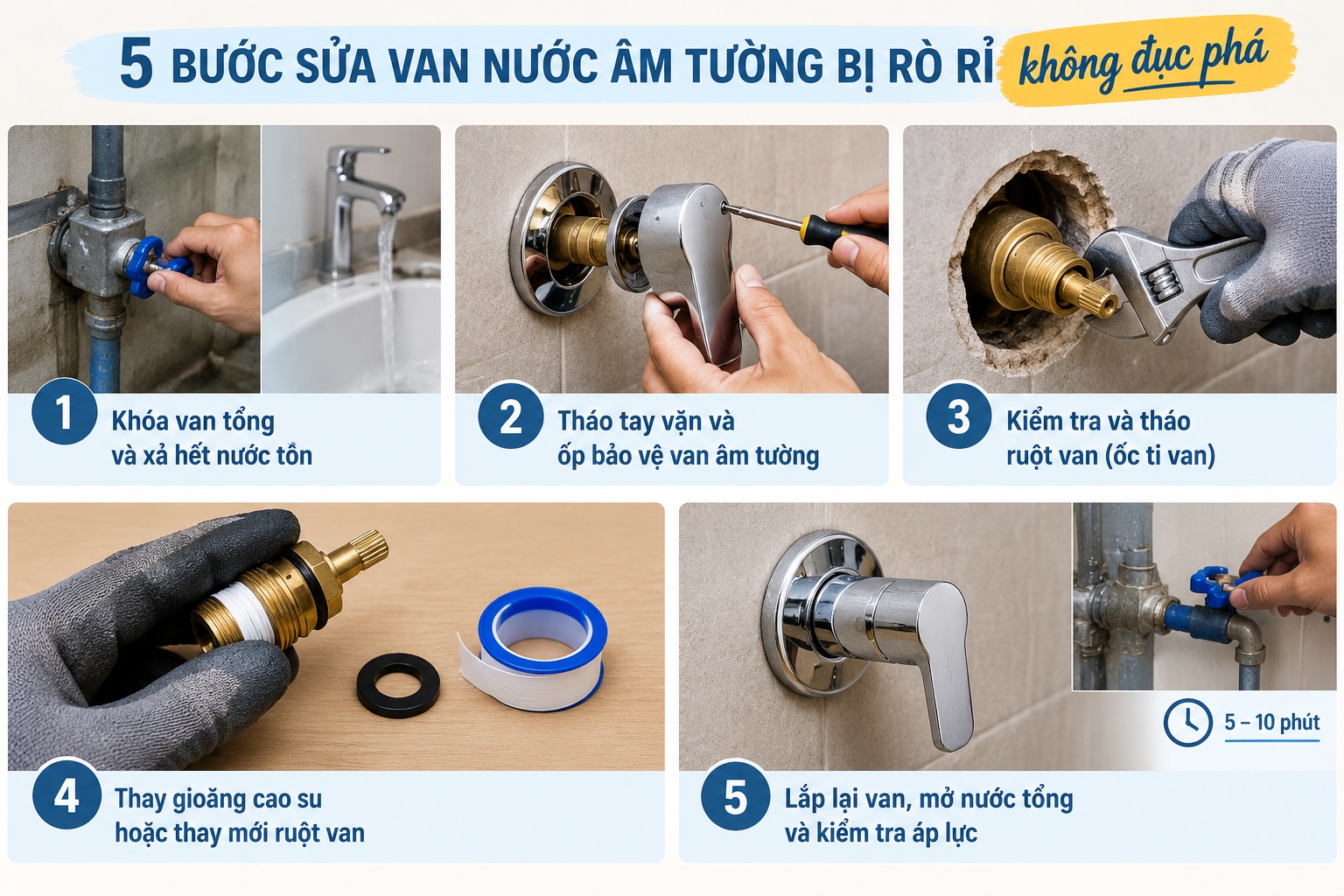 Hướng dẫn 5 bước cách sửa van nước âm tường bị rò rỉ không đục phá