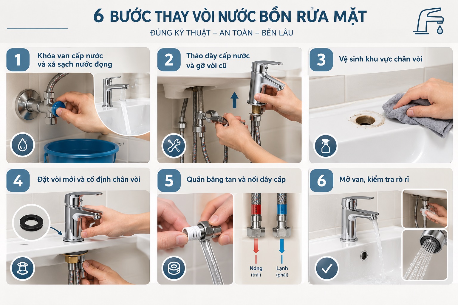 Quy trình 6 bước thay vòi nước bồn rửa mặt chuẩn kỹ thuật