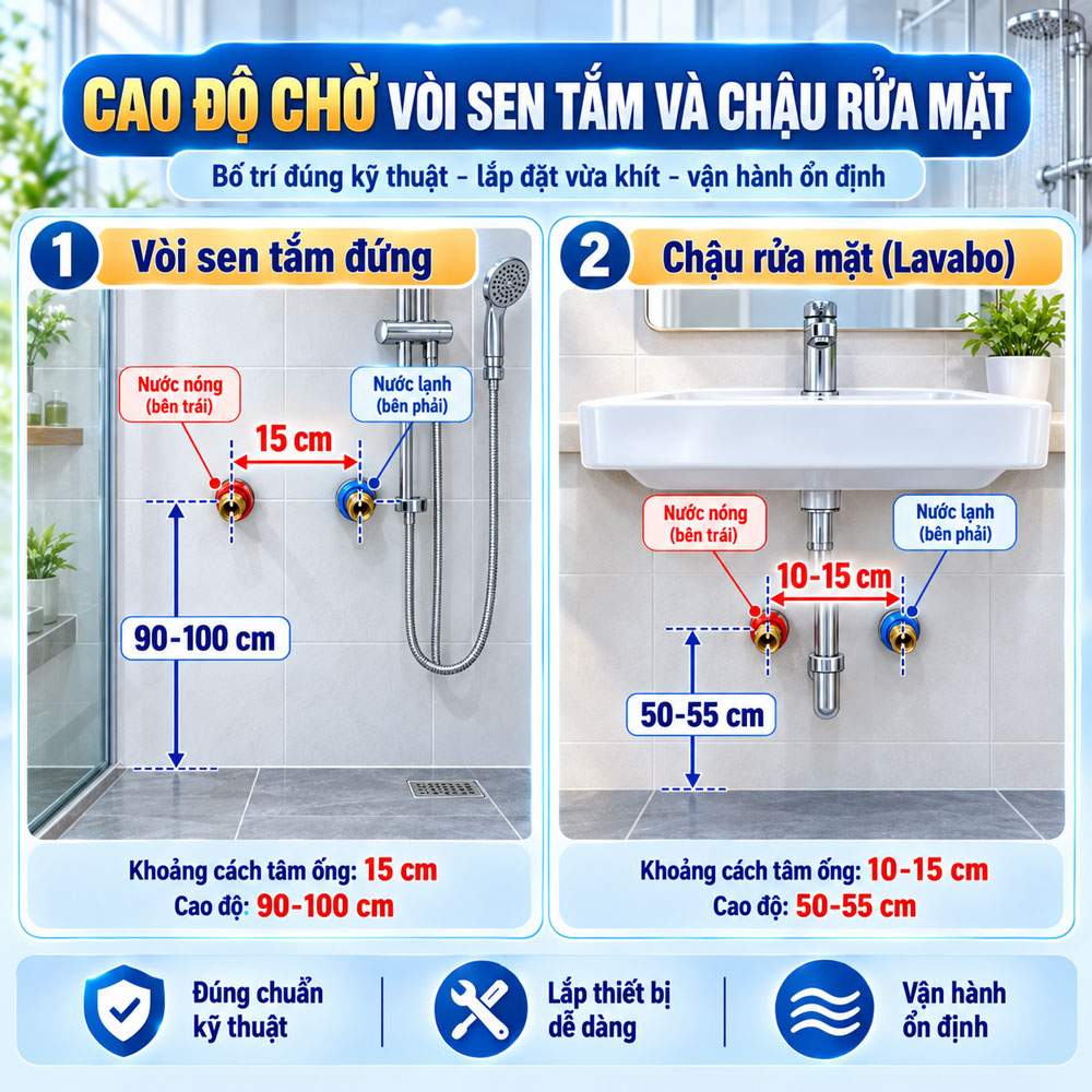 Cao độ chờ vòi sen tắm và chậu rửa mặt