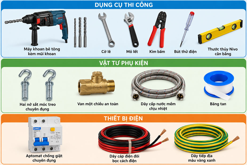 Chuẩn bị dụng cụ vật tư cần thiết trước khi lắp đặt