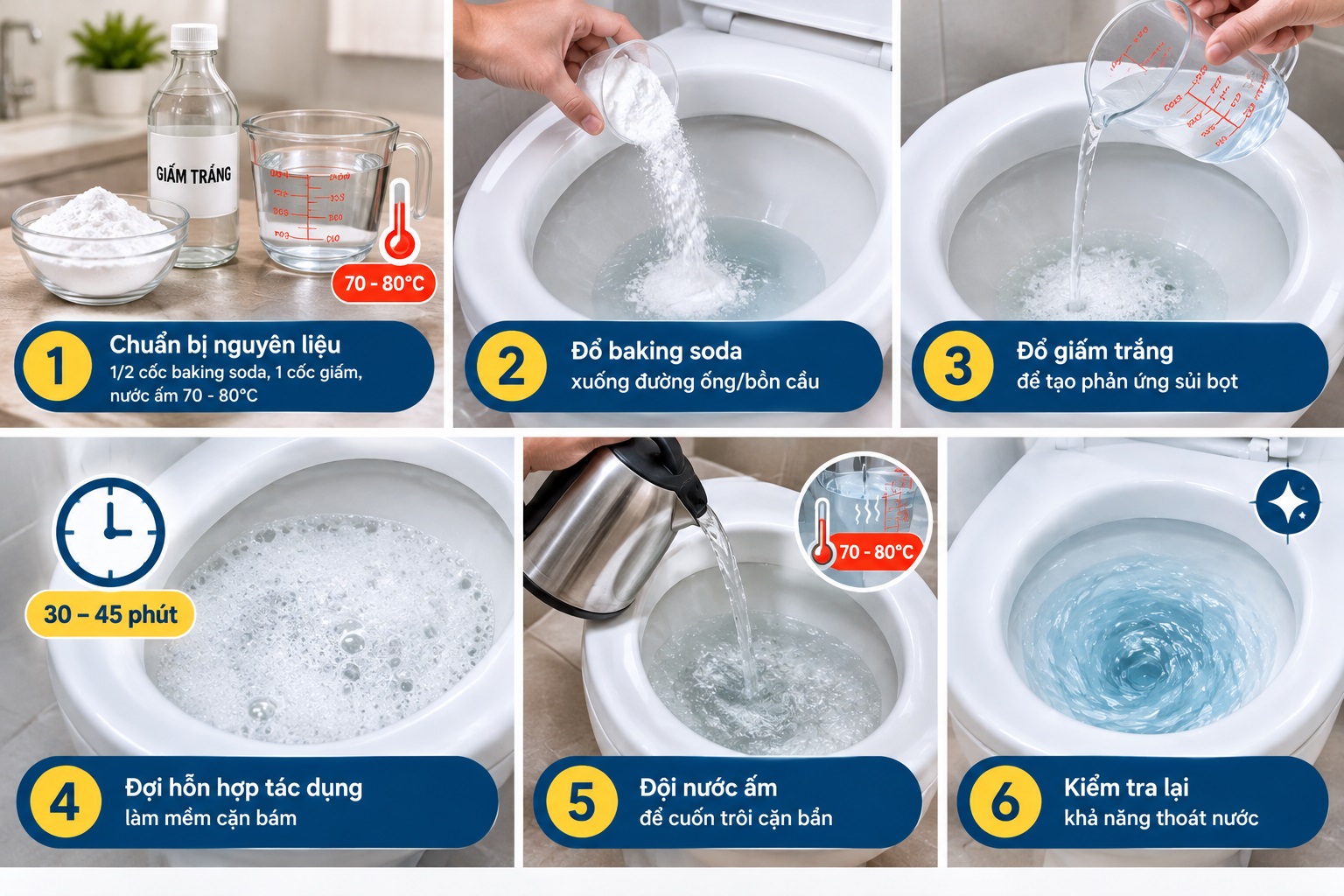 Thông nghẹt tạm thời bằng Baking Soda, giấm và nước nóng
