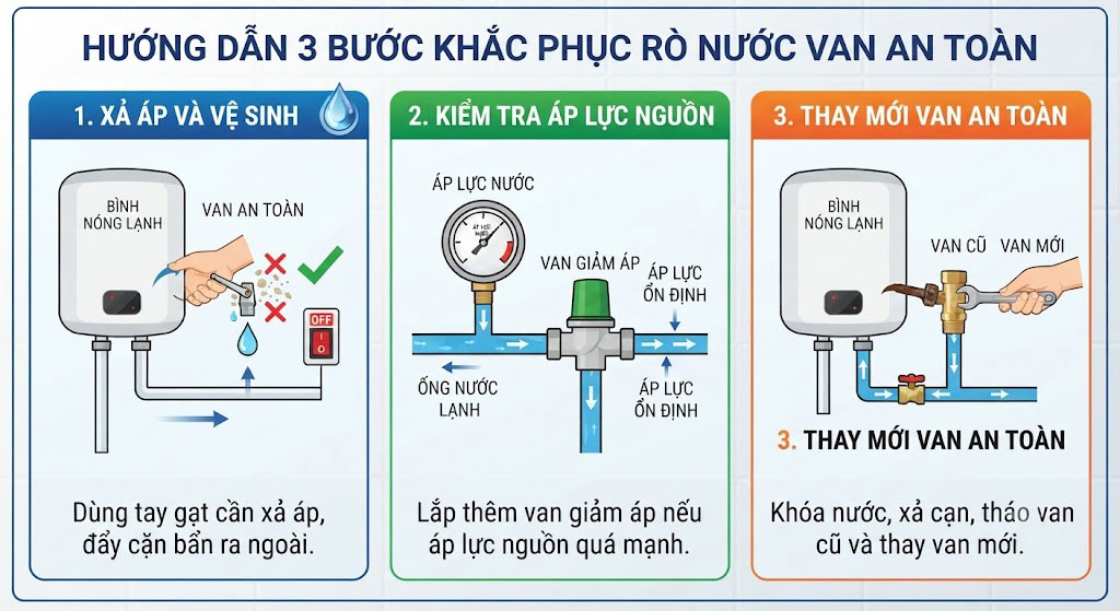 Hướng dẫn 3 bước khắc phục tình trạng rò nước ở van an toàn tại nhà
