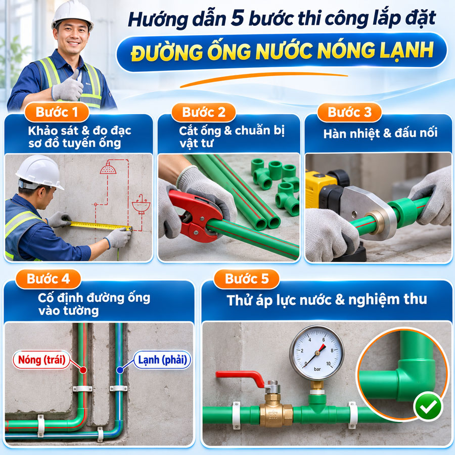 Hướng dẫn 5 bước thi công lắp đặt đường ống nước nóng lạnh